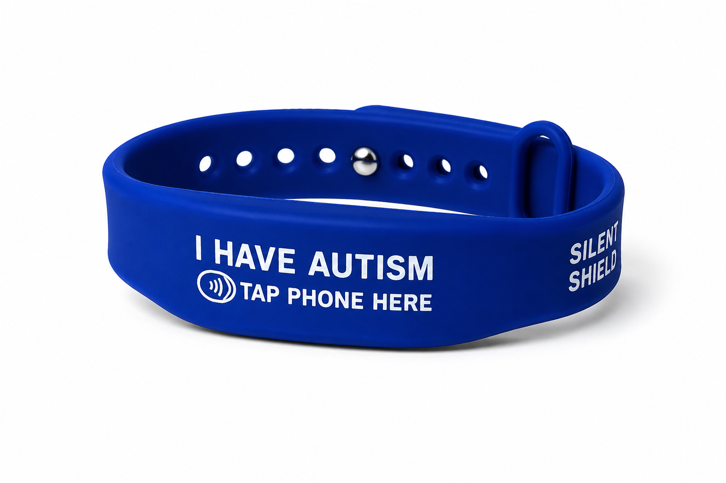 A royal blue silicone awareness wristband with white printed text reading 'I HAVE AUTISM', 'TAP PHONE HERE', and 'SILENT SHIELD' on a clean white background.