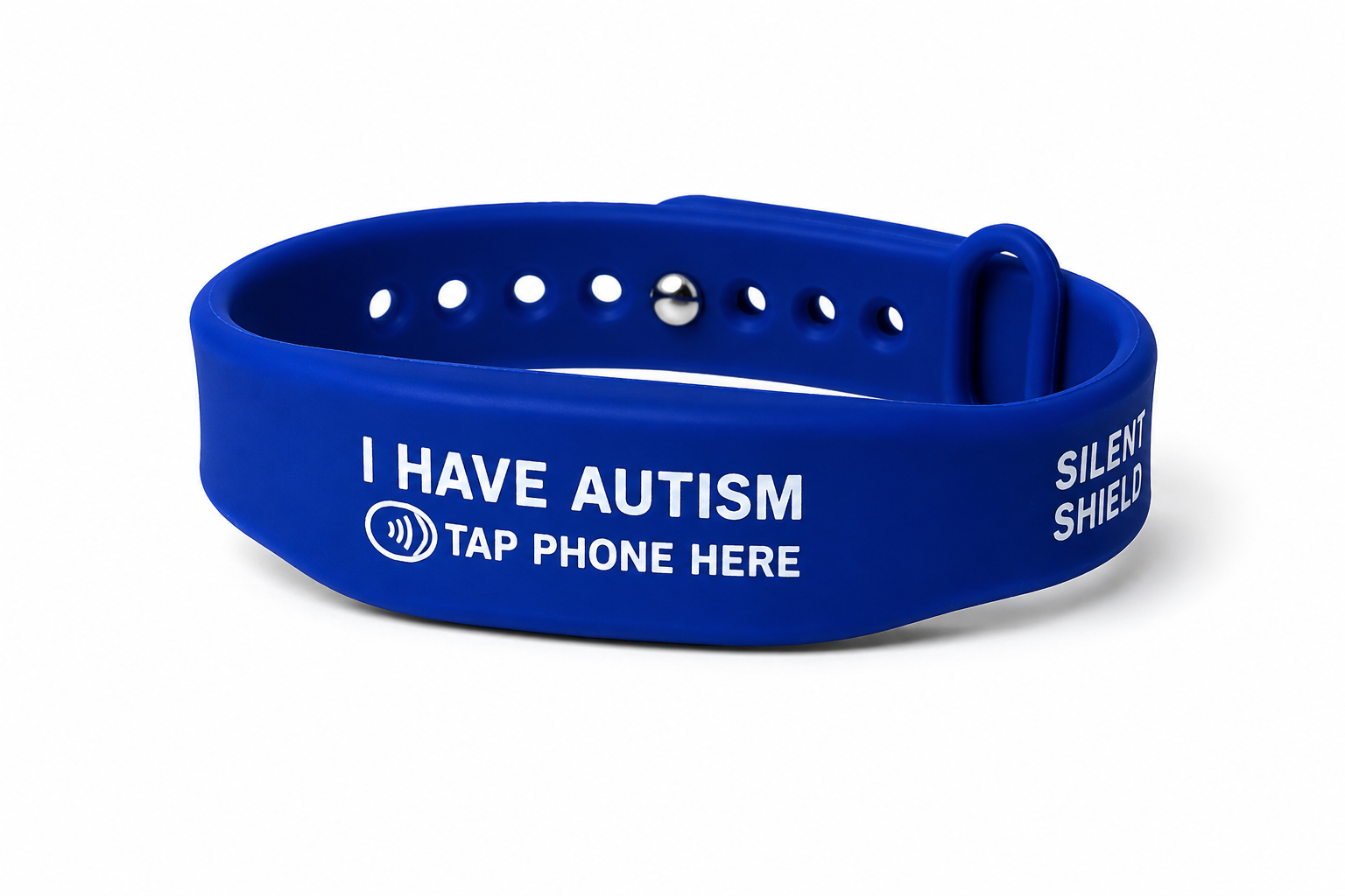 A royal blue silicone awareness wristband with white printed text reading 'I HAVE AUTISM', 'TAP PHONE HERE', and 'SILENT SHIELD' on a clean white background.