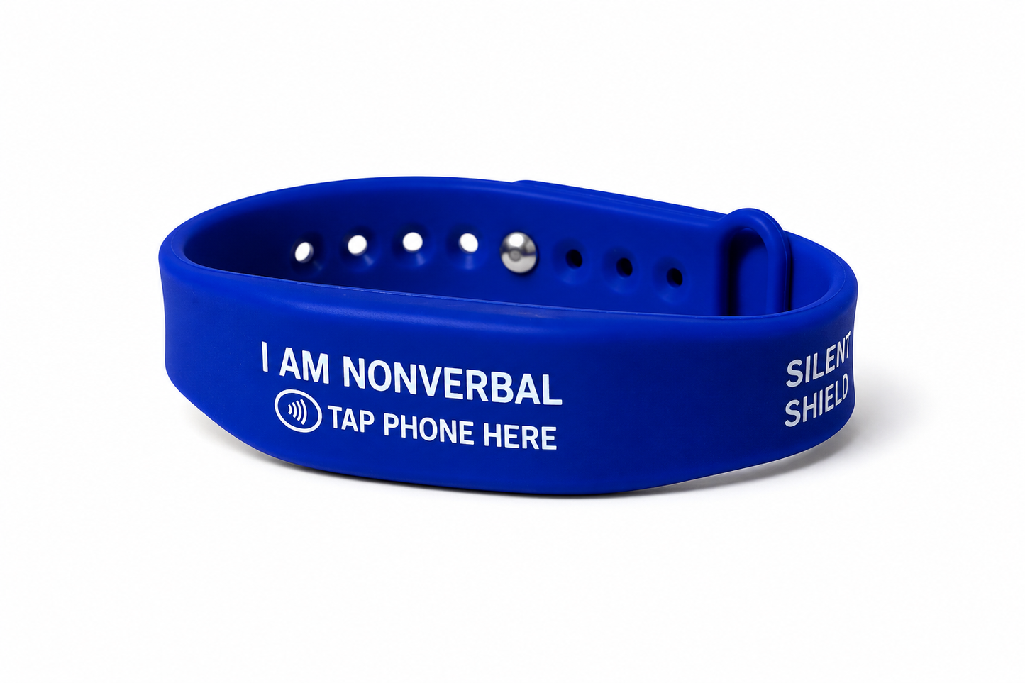 A blue silicone non-verbal wristband with white printed text reading 'I AM NONVERBAL' and 'TAP PHONE HERE', shown on a clean white background.