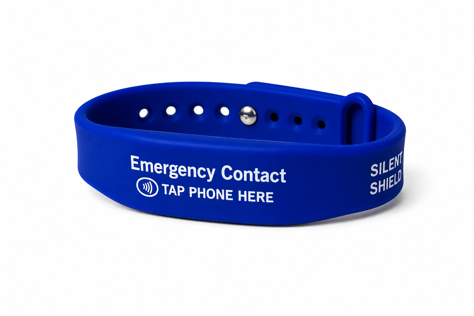 A royal blue silicone personal alarm wristband with white printed text reading 'Emergency Contact' and 'TAP PHONE HERE', shown on a clean white background.