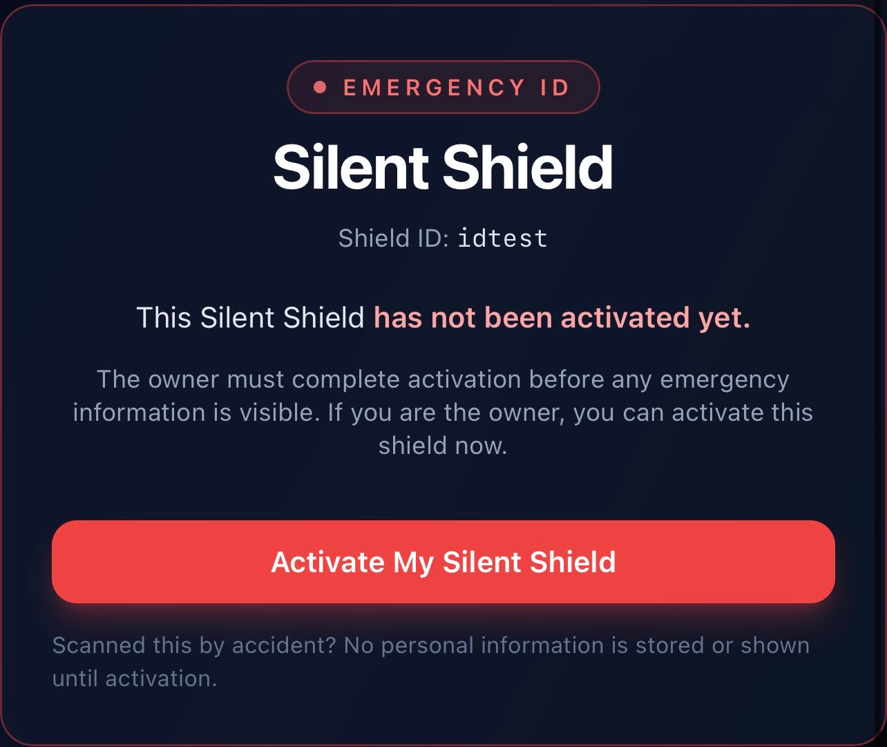Silent Shield activation screen with text and button on a dark background