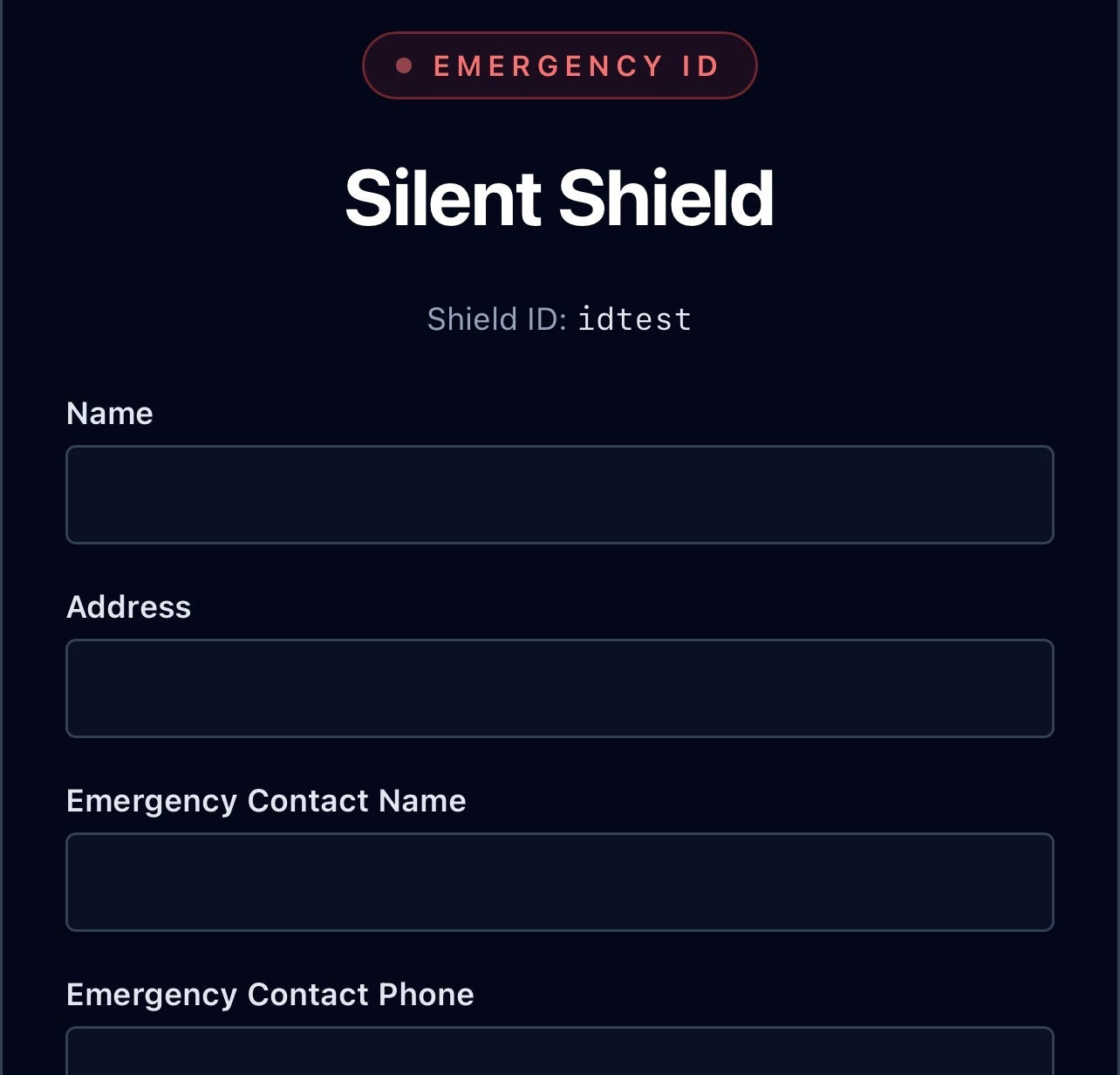 Silent Shield emergency ID form with fields for name, address, emergency contact information, and medical info on a black background.